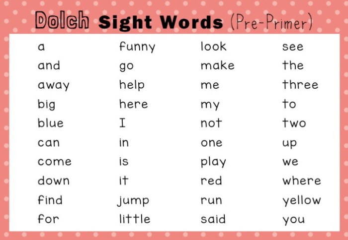 Dolch sight words list pre primer